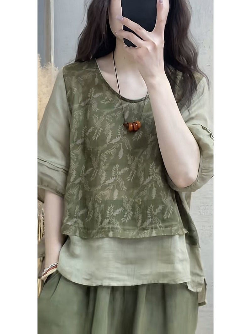 2238 # Fashionable Cotton And Linen Suit For Women 2023 Style Printed Splicing Top Harem Pants Slimming Look Two-Piece Set - Image 5